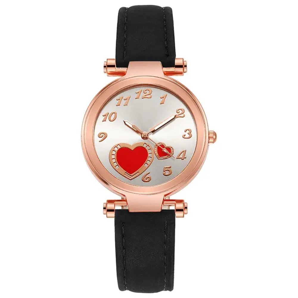 Elegant Love Heart Design Wrist Watch for Women Black Strap Silver Dial